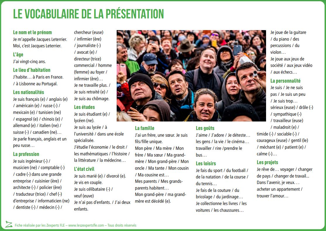Liste de vocabulaire FLE - la présentation