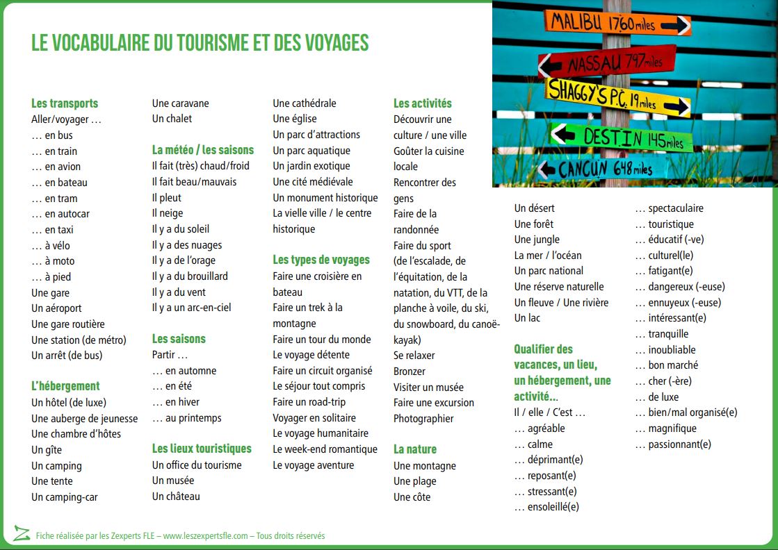 Liste de vocabulaire FLE - le tourisme et les voyages