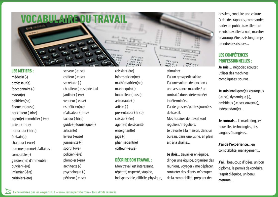 Liste de vocabulaire FLE - le travail