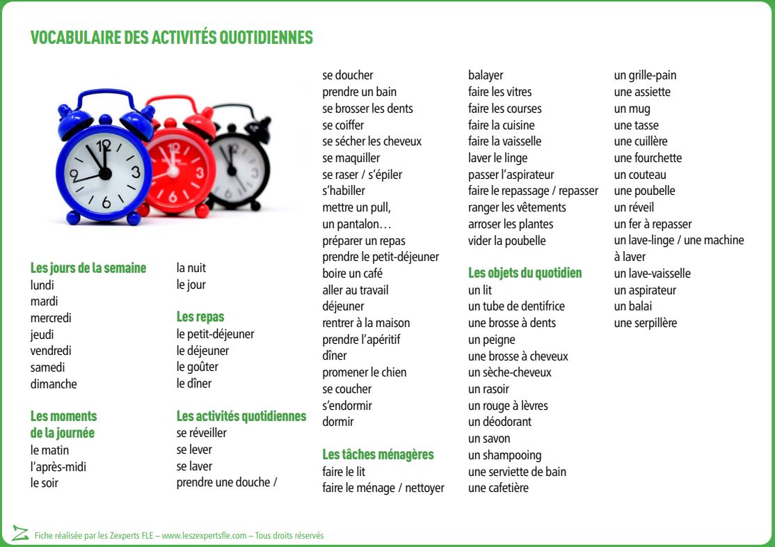 Liste de vocabulaire FLE - les activités quotidiennes